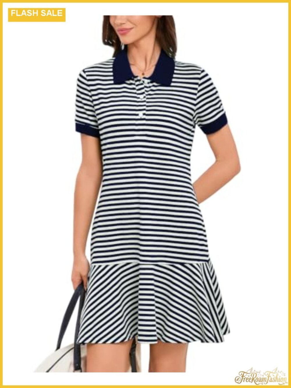 Cotton Blend Striped Polo Dress with Ruffle Hem, Short Sleeve Golf Tennis